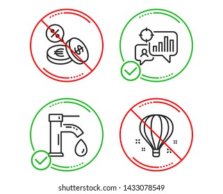 Do or Stop. Currency exchange, Seo statistics and Tap water icons simple set. Air balloon sign. Euro and usd, Analytics chart, Faucet. Sky travelling. Business set. Line currency exchange do icon