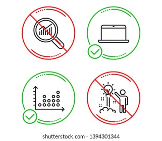 Do or Stop. Data analysis, Laptop and Dot plot icons simple set. Creative idea sign. Magnifying glass, Mobile computer, Presentation graph. Startup. Education set. Line data analysis do icon. Vector