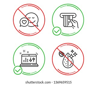 Do or Stop. Dating, Credit card and Sound check icons simple set. Dirty water sign. Love messenger, Atm payment, Dj controller. Aqua drop. Technology set. Line dating do icon. Prohibited ban stop