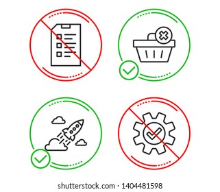 Do or Stop. Delete order, Checklist and Startup rocket icons simple set. Service sign. Clean basket, Data list, Business innovation. Cogwheel gear. Business set. Line delete order do icon. Vector