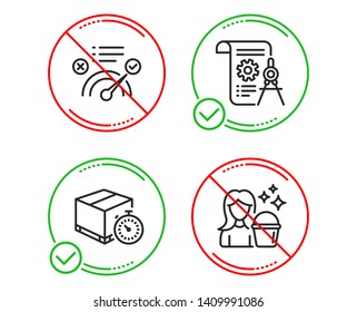 Do or Stop. Delivery timer, Correct answer and Divider document icons simple set. Cleaning sign. Express logistics, Approved, Report file. Maid service. Line delivery timer do icon. Vector