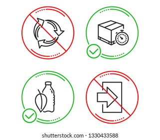 Do or Stop. Delivery timer, Water bottle and Recycle icons simple set. Login sign. Express logistics, Mint leaf drink, Recycling waste. Sign in. Business set. Line delivery timer do icon. Vector