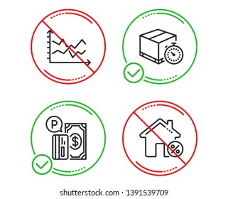 Do or Stop. Diagram chart, Parking payment and Delivery timer icons simple set. Loan house sign. Presentation graph, Paid garage, Express logistics. Discount percent. Line diagram chart do icon