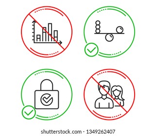 Do or Stop. Diagram graph, Balance and Password encryption icons simple set. Couple sign. Presentation chart, Concentration, Protection locker. Male and female. Line diagram graph do icon. Vector