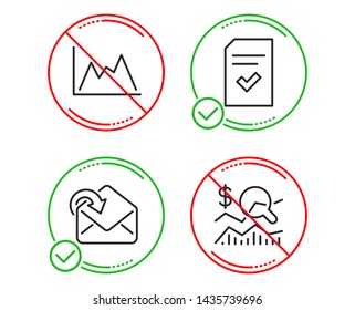 Do or Stop. Diagram, Receive mail and Checked file icons simple set. Check investment sign. Growth graph, Incoming message, Correct document. Business report. Education set. Line diagram do icon
