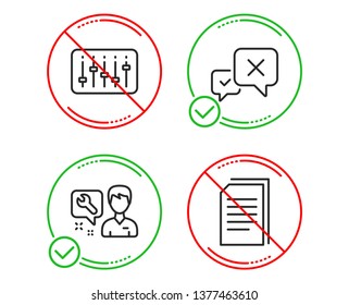 Do or Stop. Dj controller, Repairman and Reject icons simple set. Copy files sign. Musical device, Repair service, Delete message. Copying documents. Technology set. Line dj controller do icon