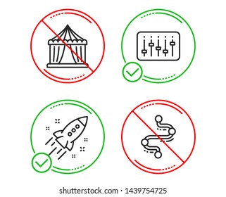 Do or Stop. Dj controller, Startup rocket and Circus tent icons simple set. Timeline sign. Musical device, Business innovation, Attraction park. Journey path. Business set. Line dj controller do icon