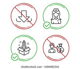 Do or Stop. Download, Hospital nurse and Startup icons simple set. Sallary sign. Load file, Medical assistant, Innovation. Person earnings. Business set. Line download do icon. Prohibited ban stop