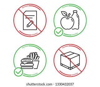 Do or Stop. Edit document, Burger and Apple icons simple set. Delivery box sign. Page with pencil, Cheeseburger, Diet food. Cargo package. Business set. Line edit document do icon. Prohibited ban stop