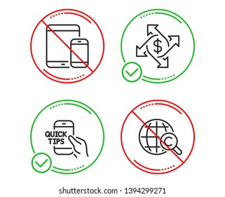 Do or Stop. Education, Payment exchange and Mobile devices icons simple set. International Ð¡opyright sign. Quick tips, Money transfer, Smartphone with tablet. World copywriting. Education set