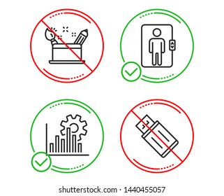 Do or Stop. Elevator, Seo graph and Creativity concept icons simple set. Usb flash sign. Office transportation, Analytics chart, Graphic art. Memory stick. Line elevator do icon. Prohibited ban stop