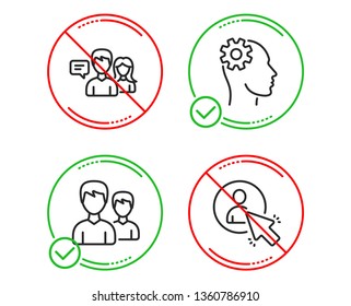 Do or Stop. Engineering, Couple and People talking icons simple set. User sign. Cogwheel head, Two male users, Contact service. Project manager. People set. Line engineering do icon. Vector