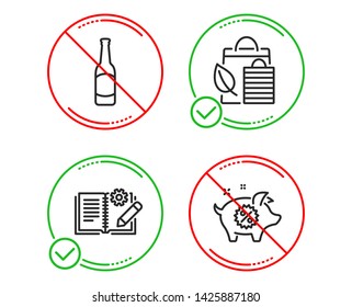 Do or Stop. Engineering documentation, Beer and Bio shopping icons simple set. Piggy sale sign. Manual, Bar drink, Leaf. Discounts. Business set. Line engineering documentation do icon. Vector