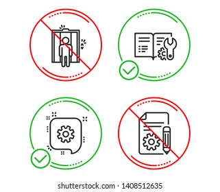 Do or Stop. Engineering documentation, Elevator and Cogwheel icons simple set. Documentation sign. Manual, Lift, Engineering. Project. Industrial set. Line engineering documentation do icon. Vector