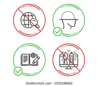 Do or Stop. Engineering documentation, Internet search and Face scanning icons simple set. Creative design sign. Manual, Web finder, Faces detection. Designer. Line engineering documentation do icon