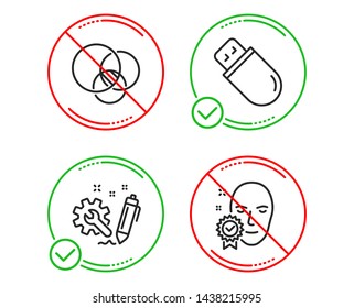 Do or Stop. Euler diagram, Engineering and Usb stick icons simple set. Face verified sign. Relationships chart, Construction, Memory flash. Access granted. Science set. Line euler diagram do icon