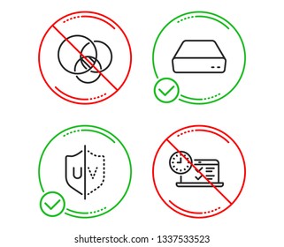 Do or Stop. Euler diagram, Mini pc and Uv protection icons simple set. Online test sign. Relationships chart, Computer, Ultraviolet. Examination. Business set. Line euler diagram do icon. Vector