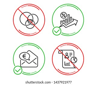 Do or Stop. Euro money, Euler diagram and Loan percent icons simple set. Report sign. Receive cash, Relationships chart, Growth chart. Work statistics. Technology set. Line euro money do icon. Vector