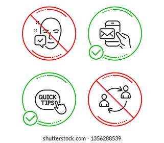 Do or Stop. Face accepted, Quick tips and Messenger mail icons simple set. User communication sign. Access granted, Helpful tricks, New e-mail. Human resources. People set. Line face accepted do icon