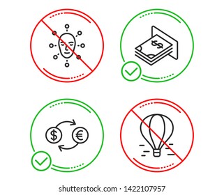 Do or Stop. Face biometrics, Atm money and Currency exchange icons simple set. Air balloon sign. Facial recognition, Dollar currency, Banking finance. Flight travel. Business set. Vector