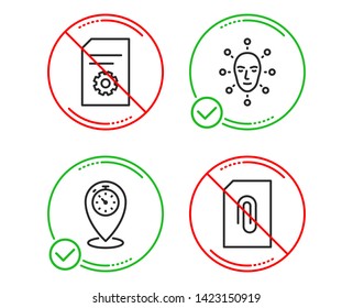 Do or Stop. Face biometrics, File settings and Timer icons simple set. Attachment sign. Facial recognition, File management, Location pointer. Attach document. Technology set. Vector
