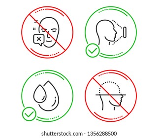 Do or Stop. Face declined, Oil drop and Face id icons simple set. Identification error, Serum, Identification system. Faces detection. Medical set. Line face declined do icon. Prohibited ban stop