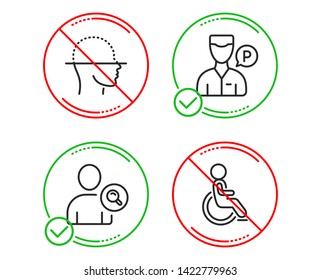 Do Or Stop. Face Scanning, Find User And Valet Servant Icons Simple Set. Disabled Sign. Faces Detection, Search Person, Parking Man. Handicapped Wheelchair. People Set. Line Face Scanning Do Icon