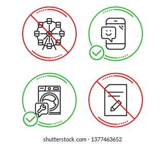 Do or Stop. Ferris wheel, Smile and Washing machine icons simple set. Edit document sign. Attraction park, Phone feedback, Repair service. Page with pencil. Technology set. Line ferris wheel do icon