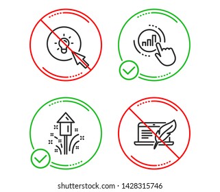 Do or Stop. Fireworks, Graph chart and Energy icons simple set. Copyright laptop sign. Christmas pyrotechnic, Get report, Turn on the light. Writer device. Science set. Line fireworks do icon. Vector