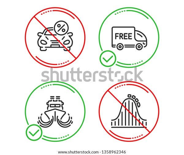 Do\
or Stop. Free delivery, Ship and Car leasing icons simple set.\
Roller coaster sign. Shopping truck, Shipping watercraft, Transport\
discount. Attraction park. Transportation set.\
Vector