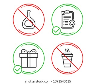 Do or Stop. Gift box, Cognac bottle and Reject checklist icons simple set. Takeaway sign. Present package, Brandy alcohol, Decline file. Takeout coffee. Line gift box do icon. Prohibited ban stop