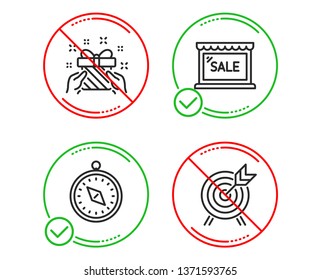 Do or Stop. Gift, Travel compass and Sale icons simple set. Archery sign. Present, Trip destination, Shopping store. Attraction park. Holidays set. Line gift do icon. Prohibited ban stop. Good or bad