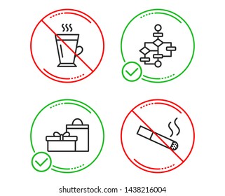 Do or Stop. Gifts, Block diagram and Latte icons simple set. Smoking sign. Birthday boxes, Algorithm path, Tea glass mug. Cigarette. Line gifts do icon. Prohibited ban stop. Good or bad. Vector