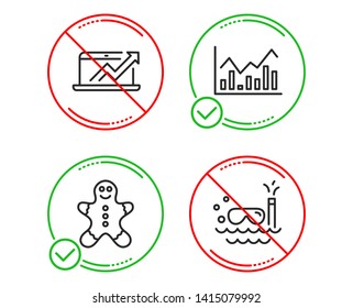 Do or Stop. Gingerbread man, Infochart and Sales diagram icons simple set. Scuba diving sign. Christmas cookie, Stock exchange, Sale growth chart. Trip swimming. Business set. Vector