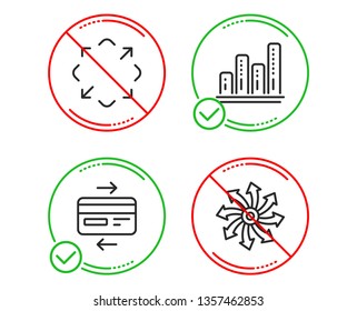 Do or Stop. Graph chart, Credit card and Maximize icons simple set. Versatile sign. Growth report, Bank payment, Full screen. Multifunction. Technology set. Line graph chart do icon. Vector