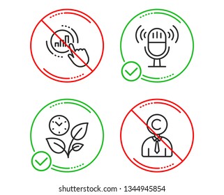Do or Stop. Graph chart, Microphone and Leaves icons simple set. Copyrighter sign. Get report, Mic, Grow plant. Writer person. Business set. Line graph chart do icon. Prohibited ban stop. Good or bad