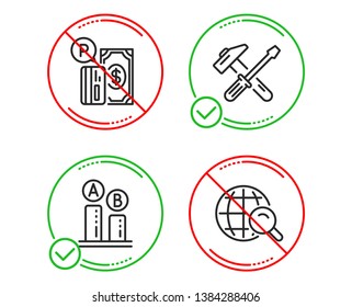 Do or Stop. Hammer tool, Parking payment and Ab testing icons simple set. Internet search sign. Repair screwdriver, Paid garage, Test chart. Web finder. Technology set. Line hammer tool do icon