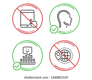 Do or Stop. Head, Tablet pc and Smile icons simple set. World travel sign. Human profile, Touchscreen gadget, Positive feedback. Map pointer. Business set. Line head do icon. Prohibited ban stop