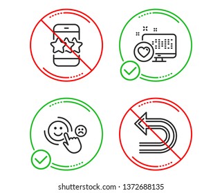 Do or Stop. Heart, Customer satisfaction and Star icons simple set. Undo sign. Social media, Happy smile, Phone feedback. Left turn. Technology set. Line heart do icon. Prohibited ban stop. Vector