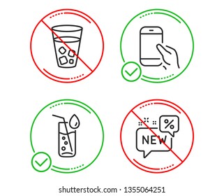 Do or Stop. Ice tea, Hold smartphone and Water glass icons simple set. New sign. Soda beverage, Phone call, Soda drink. Discount. Business set. Line ice tea do icon. Prohibited ban stop. Good or bad