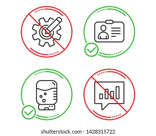 Do or Stop. Id card, Water cooler and Cogwheel icons simple set. Analytical chat sign. Human document, Office drink, Edit settings. Communication speech bubble. Business set. Line id card do icon