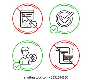 Do or Stop. Internet report, Confirmed and Person idea icons simple set. Payment card sign. Web tutorial, Accepted message, Lamp energy. Agreement conditions. Technology set. Vector