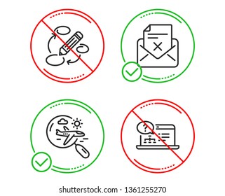 Do or Stop. Keywords, Search flight and Reject letter icons simple set. Online help sign. Marketing strategy, Airplane trip, Delete mail. Web support. Line keywords do icon. Prohibited ban stop