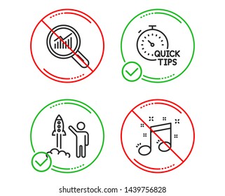 Do or Stop. Launch project, Data analysis and Quick tips icons simple set. Musical note sign. Business innovation, Magnifying glass, Helpful tricks. Music. Business set. Line launch project do icon