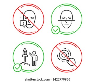 Do or Stop. Launch project, Face recognition and Face attention icons simple set. Seo target sign. Business innovation, Faces biometrics, Exclamation mark. Click aim. People set. Vector