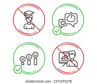 Do or Stop. Like, Student and Customer satisfaction icons simple set. Presentation board sign. Star rating, Graduation cap, Happy smile chart. Growth chart. People set. Line like do icon. Vector
