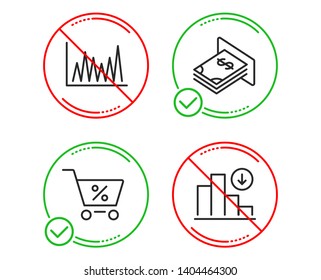 Do or Stop. Line graph, Special offer and Atm money icons simple set. Decreasing graph sign. Market diagram, Discounts, Dollar currency. Crisis chart. Finance set. Line line graph do icon. Vector
