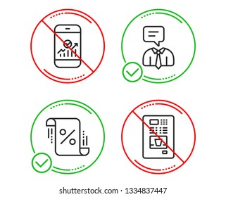 Do or Stop. Loan percent, Smartphone statistics and Support service icons simple set. Coffee vending sign. Discount blueprint, Mobile business, Human talking. Coffee vending machine. Technology set