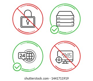 Do or Stop. Lock, 24h service and Servers icons simple set. Seo sign. Private locker, Call support, Big data. Search engine. Technology set. Line lock do icon. Prohibited ban stop. Good or bad. Vector