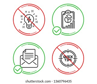 Do or Stop. Mail correspondence, Inspiration and Report icons simple set. Tips sign. E-mail newsletter, Creativity, Presentation chart. Quick tricks. Education set. Line mail correspondence do icon